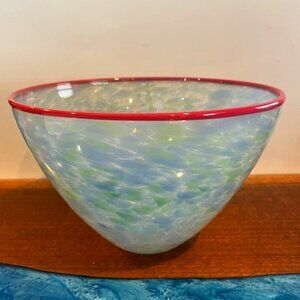 Cohn-Stone CA Tortoise Shell Blown Glass Green Blue Bowl with Pink Rim Signed
